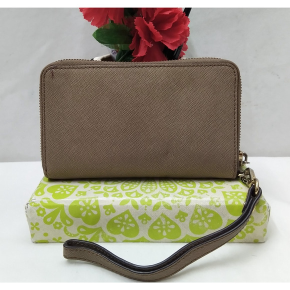 Michael Kors Taupe Gray Leather Zip Around Credit Card ID Window Wallet - Picture 2 of 16